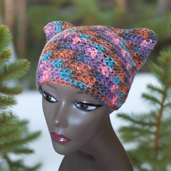 Cat Hat with Ears - Pink Purple Turquoise Brown