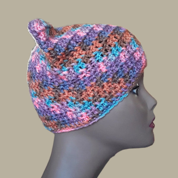 Cat Hat with Ears - Pink Purple Turquoise Brown