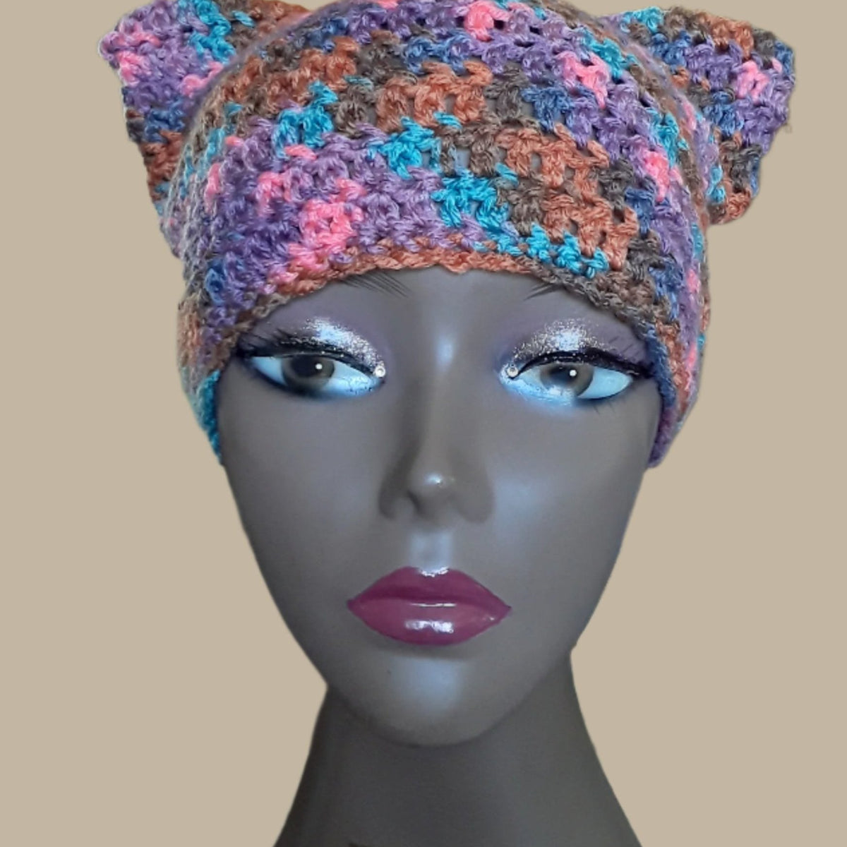 Cat Hat with Ears - Pink Purple Turquoise Brown