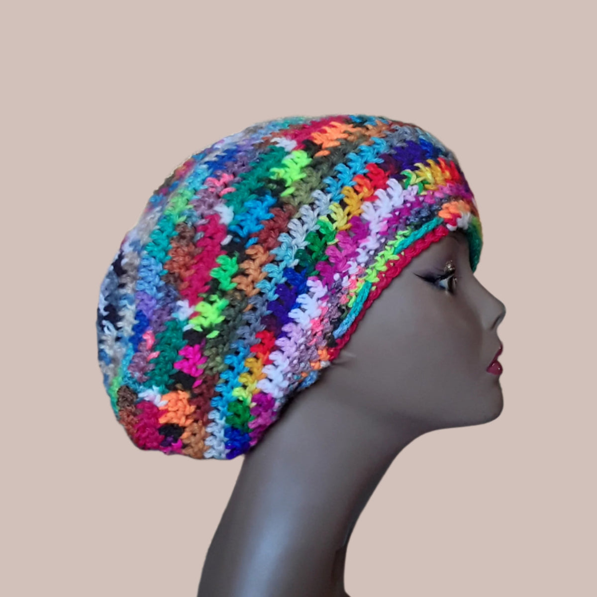 Scrap Hat Tam Beret Multicolor Handmade Large Drawstring W