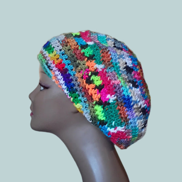 Scrap Hat Tam Beret Multicolor Handmade Large Drawstring W