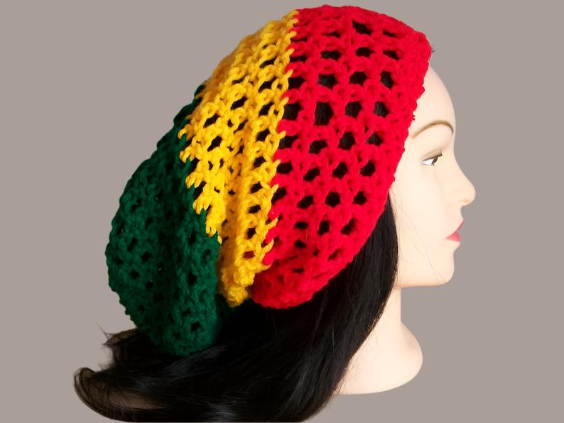 Rasta Hat Slouchy Crocheted Tam Beanie Drawstring Men Women Locs Handmade Free Shipping