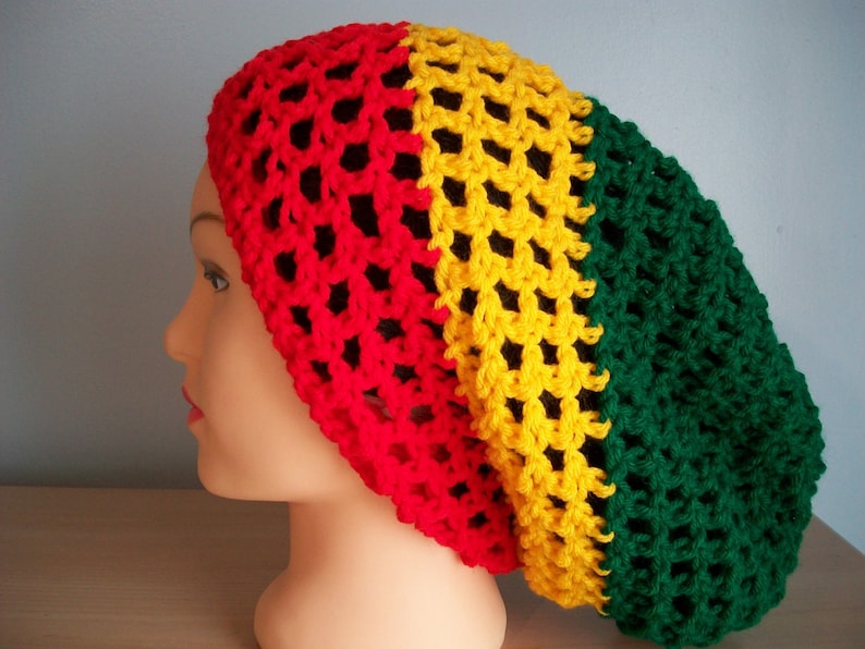 Rasta Hat Slouchy Crocheted Tam Beanie Drawstring Men Women Locs Handmade Free Shipping - Image 2