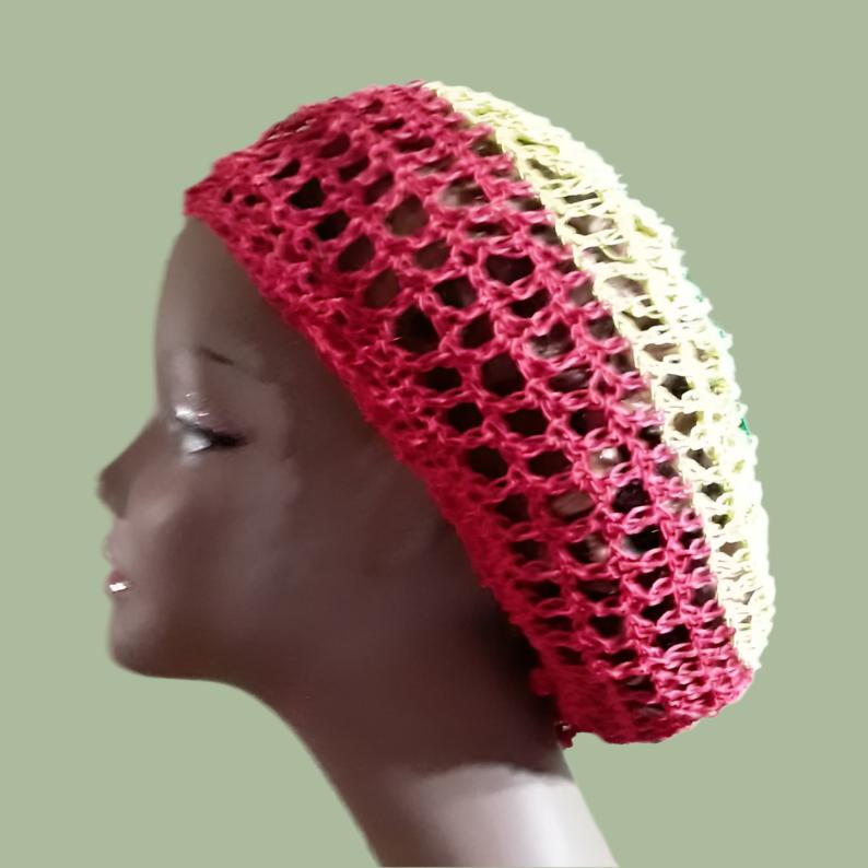 Hemp Hat Tam Crocheted w/drawstring Red Yellow Green Medium