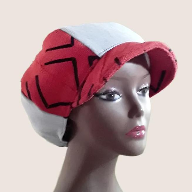 African Mudcloth Denim Hat Red Black Newsboy Apple Hat Medium Free Shipping