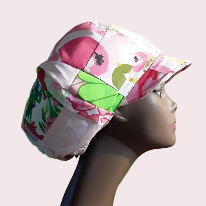 Girl's pink/blue upcycled fabric sun hat, sale with ribbon trim and vintage button.