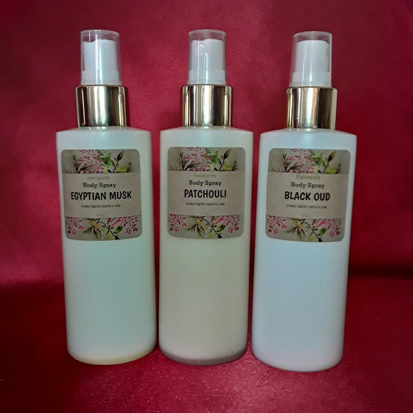 Spray Body Mist 4 oz Patchouli Egyptian Musk Nag Champa Vanilla Palo Santo Oud