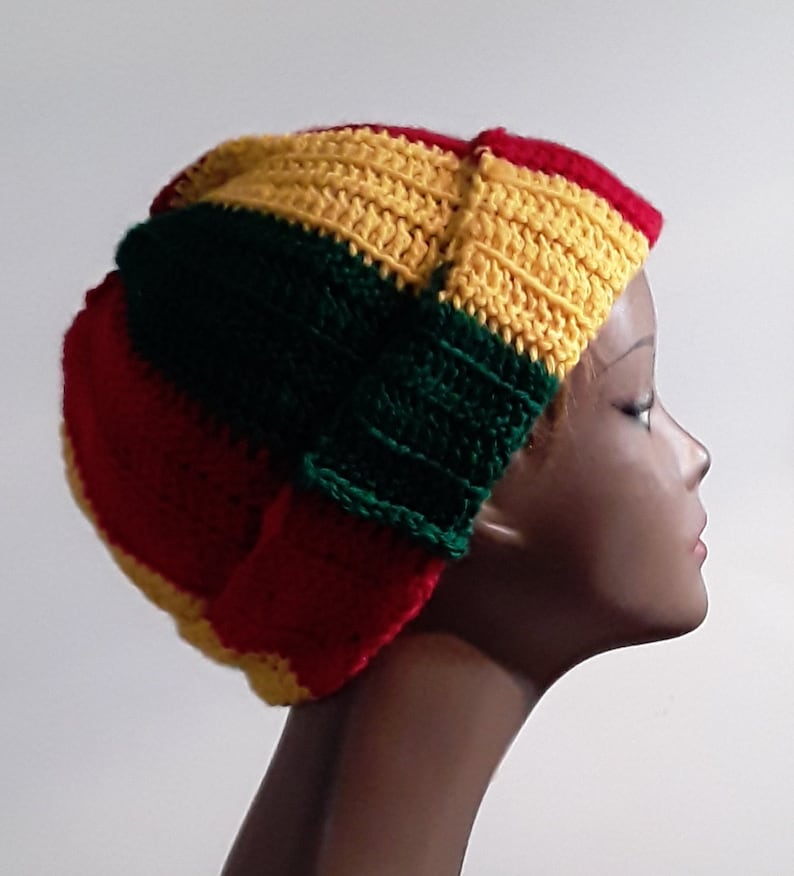 Rasta Stocking Cap Red Yellow Green Beanie Hat Cap Slouchy Crocheted Free Shipping - Image 5