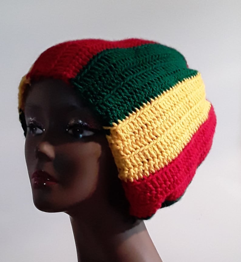 Rasta Stocking Cap Red Yellow Green Beanie Hat Cap Slouchy Crocheted Free Shipping - Image 2