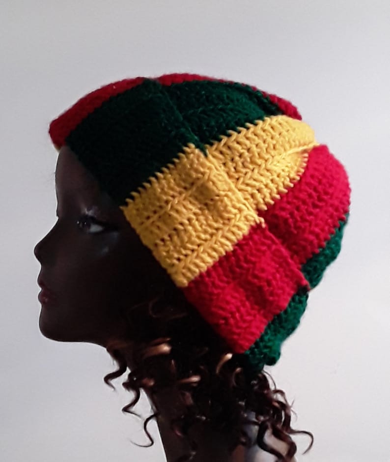 Rasta Stocking Cap Red Yellow Green Beanie Hat Cap Slouchy Crocheted Free Shipping - Image 6