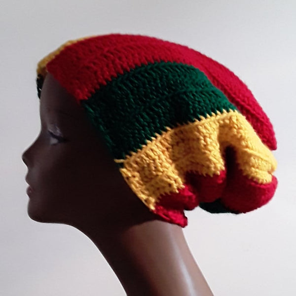 Rasta Stocking Cap Red Yellow Green Beanie Hat Cap Slouchy Crocheted Free Shipping - Image 4