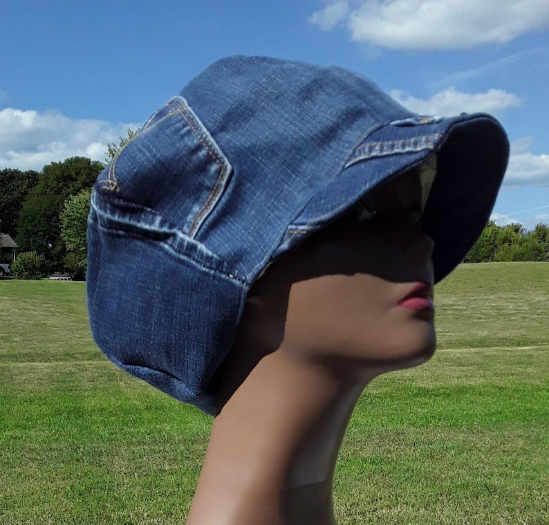 Recycled Upcycled Repurposed Denim Apple Newsboy Locs Men Women Seventies Hat Medium Free Shipping Handmade - Image 2