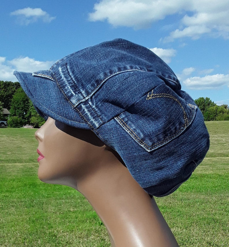 Recycled Upcycled Repurposed Denim Apple Newsboy Locs Men Women Seventies Hat Medium Free Shipping Handmade