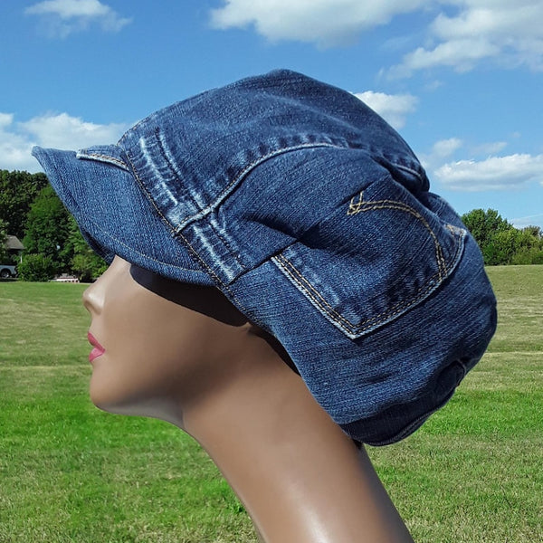 Recycled Upcycled Repurposed Denim Apple Newsboy Locs Men Women Seventies Hat Medium Free Shipping Handmade